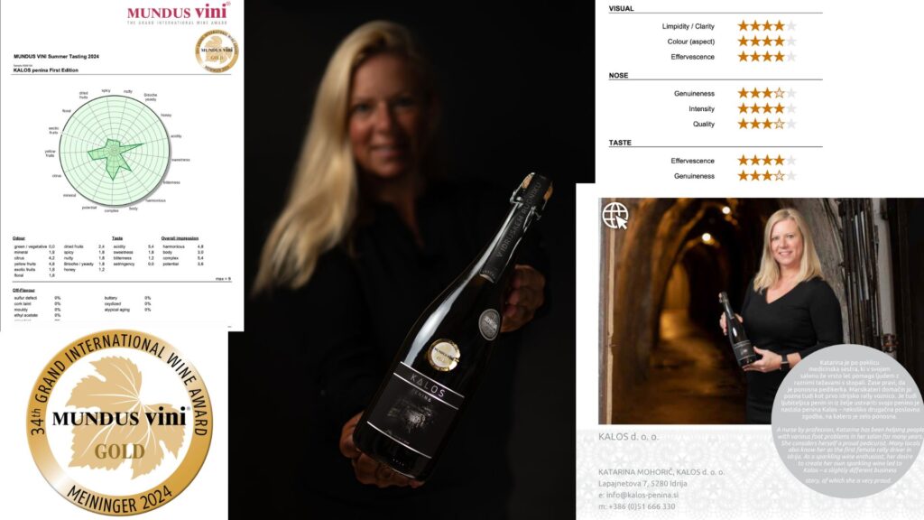 Kalos penina je prejemnica večih nagrad Mundus Vini v Nemčiji in certifikata Idrija Izbrano.