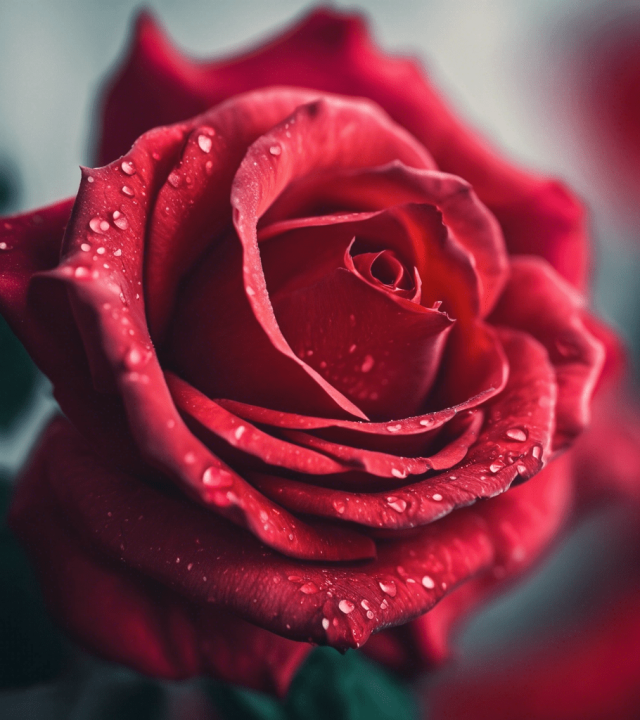 A close-up shot of a rose, highlighting the intricate petals and vibrant red color.